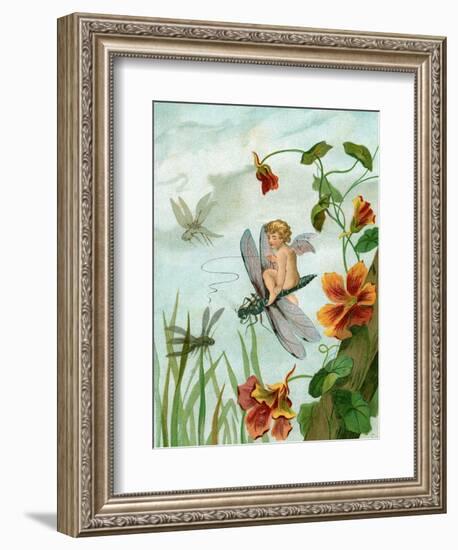 Winged Fairy Riding a Dragonfly Near Nasturtium Flowers, 1882-null-Framed Giclee Print