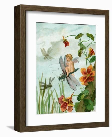 Winged Fairy Riding a Dragonfly Near Nasturtium Flowers, 1882-null-Framed Giclee Print