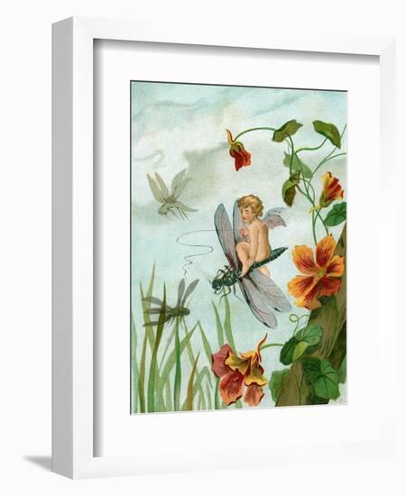 Winged Fairy Riding a Dragonfly Near Nasturtium Flowers, 1882-null-Framed Giclee Print