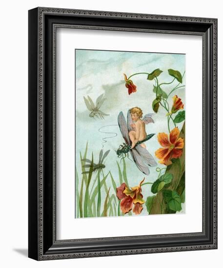 Winged Fairy Riding a Dragonfly Near Nasturtium Flowers, 1882-null-Framed Giclee Print