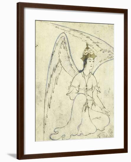 Winged Spirit, Pen and Brush Drawing on Silk, 16th Century, Herat School, Afghanistan-null-Framed Giclee Print