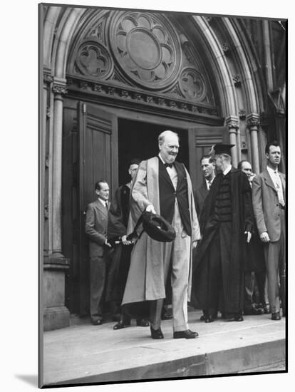 Winston Churchill and James B. Conant Emerging from Memorial Hall at Harvard University-Ralph Morse-Mounted Photographic Print