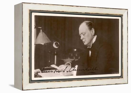 Winston Churchill British Statesman and Author Reading Correspondence at His Desk in 1933-null-Framed Stretched Canvas