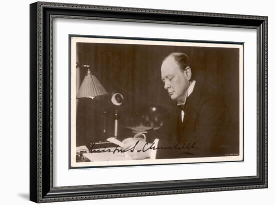 Winston Churchill British Statesman and Author Reading Correspondence at His Desk in 1933-null-Framed Premium Giclee Print