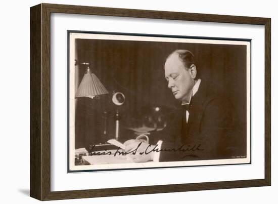 Winston Churchill British Statesman and Author Reading Correspondence at His Desk in 1933-null-Framed Art Print