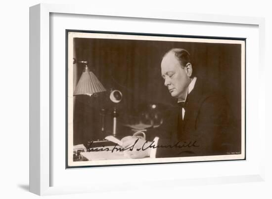 Winston Churchill British Statesman and Author Reading Correspondence at His Desk in 1933-null-Framed Art Print