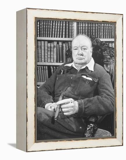 Winston Churchill Holding Cigar, Seated in Study at Chartwell Wearing Zippered Jumpsuit-William Sumits-Framed Premier Image Canvas