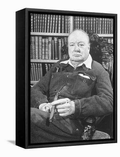 Winston Churchill Holding Cigar, Seated in Study at Chartwell Wearing Zippered Jumpsuit-William Sumits-Framed Premier Image Canvas