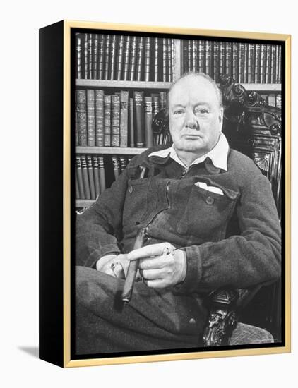 Winston Churchill Holding Cigar, Seated in Study at Chartwell Wearing Zippered Jumpsuit-William Sumits-Framed Premier Image Canvas