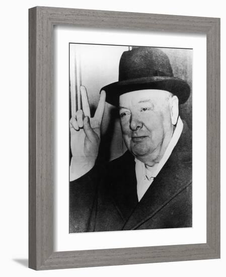 Winston Churchill in Later Life Making His Famous Wartime "V for Victory" Sign-null-Framed Photographic Print