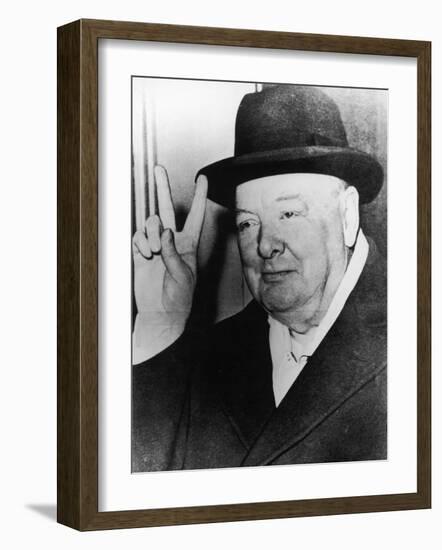 Winston Churchill in Later Life Making His Famous Wartime "V for Victory" Sign-null-Framed Photographic Print