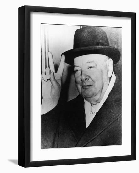 Winston Churchill in Later Life Making His Famous Wartime "V for Victory" Sign-null-Framed Photographic Print