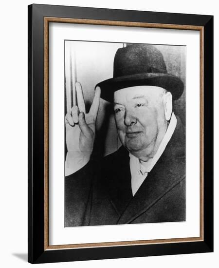 Winston Churchill in Later Life Making His Famous Wartime "V for Victory" Sign-null-Framed Photographic Print