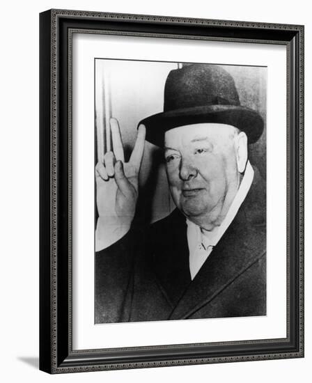 Winston Churchill in Later Life Making His Famous Wartime "V for Victory" Sign-null-Framed Photographic Print