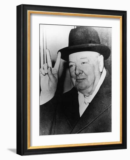 Winston Churchill in Later Life Making His Famous Wartime "V for Victory" Sign-null-Framed Photographic Print