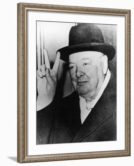 Winston Churchill in Later Life Making His Famous Wartime "V for Victory" Sign-null-Framed Photographic Print