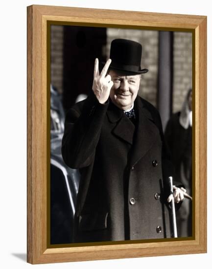 Winston Churchill Making His Famous V for Victory Sign, 1942-null-Framed Premier Image Canvas