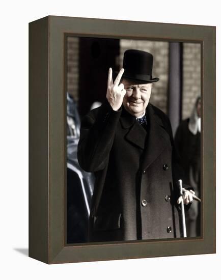 Winston Churchill Making His Famous V for Victory Sign, 1942-null-Framed Premier Image Canvas