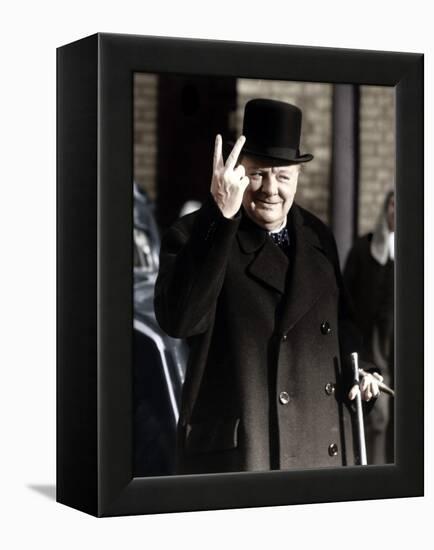 Winston Churchill Making His Famous V for Victory Sign, 1942-null-Framed Premier Image Canvas