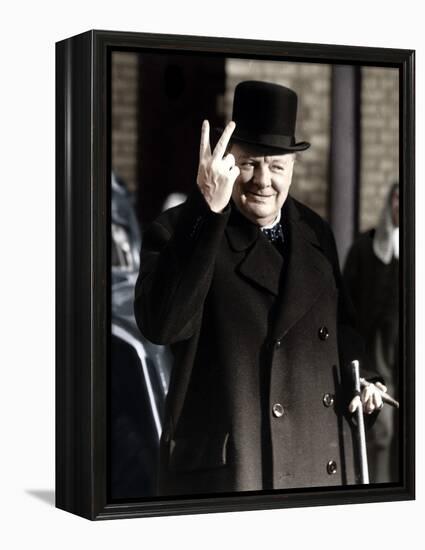 Winston Churchill Making His Famous V for Victory Sign, 1942-null-Framed Premier Image Canvas