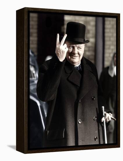 Winston Churchill Making His Famous V for Victory Sign, 1942-null-Framed Premier Image Canvas