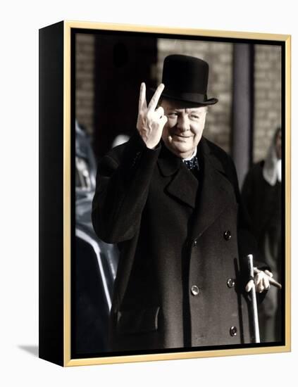 Winston Churchill Making His Famous V for Victory Sign, 1942-null-Framed Premier Image Canvas