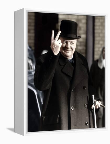 Winston Churchill Making His Famous V for Victory Sign, 1942-null-Framed Premier Image Canvas