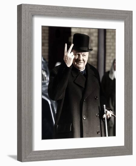 Winston Churchill Making His Famous V for Victory Sign, 1942-null-Framed Premium Photographic Print