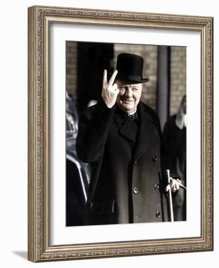 Winston Churchill Making His Famous V for Victory Sign, 1942-null-Framed Photographic Print