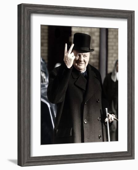 Winston Churchill Making His Famous V for Victory Sign, 1942-null-Framed Photographic Print