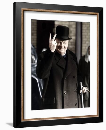 Winston Churchill Making His Famous V for Victory Sign, 1942-null-Framed Photographic Print