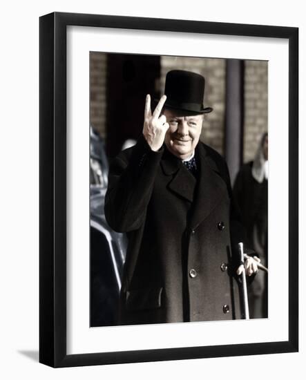 Winston Churchill Making His Famous V for Victory Sign, 1942-null-Framed Photographic Print