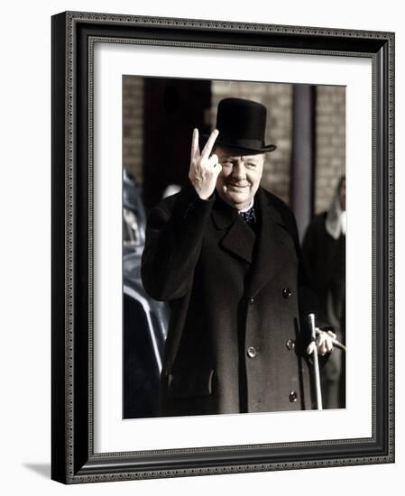 Winston Churchill Making His Famous V for Victory Sign, 1942--Framed Photographic Print