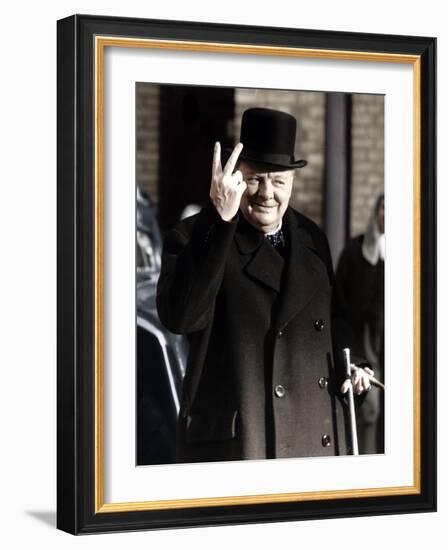 Winston Churchill Making His Famous V for Victory Sign, 1942-null-Framed Photographic Print