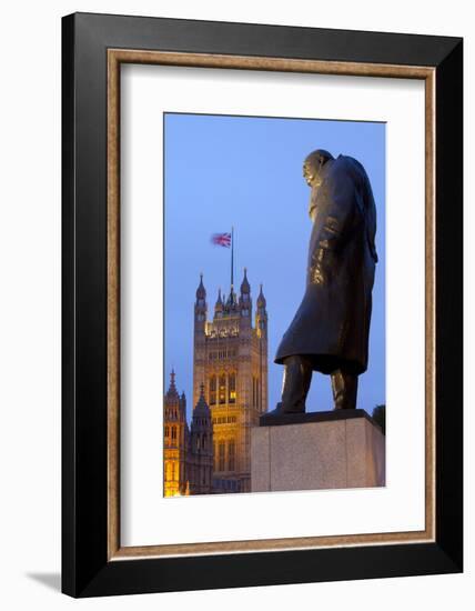Winston Churchill Statue and the Houses of Parliament at Night-Miles Ertman-Framed Photographic Print