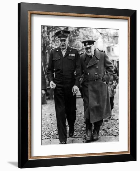 Winston Churchill Walking with General Dwight Eisenhower During Visit to France-null-Framed Premium Photographic Print