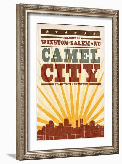 Winston-Salem, North Carolina - Skyline and Sunburst Screenprint Style-Lantern Press-Framed Art Print