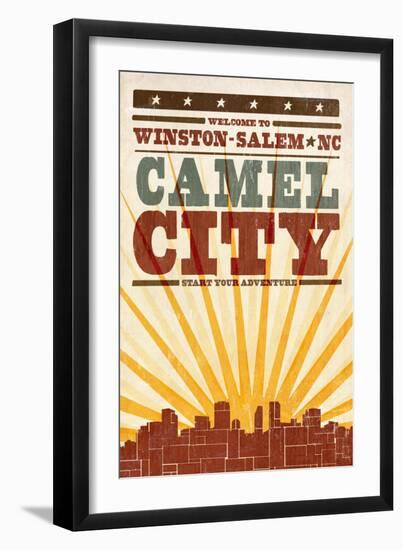 Winston-Salem, North Carolina - Skyline and Sunburst Screenprint Style-Lantern Press-Framed Art Print