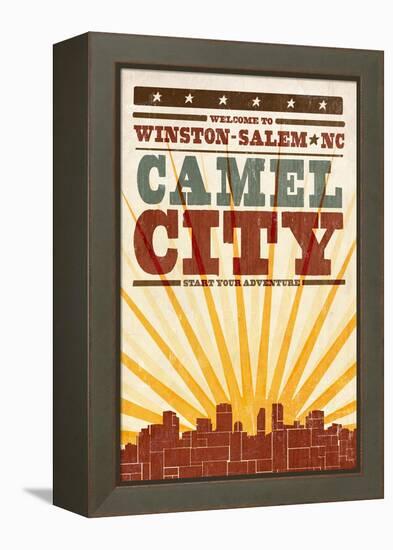 Winston-Salem, North Carolina - Skyline and Sunburst Screenprint Style-Lantern Press-Framed Stretched Canvas