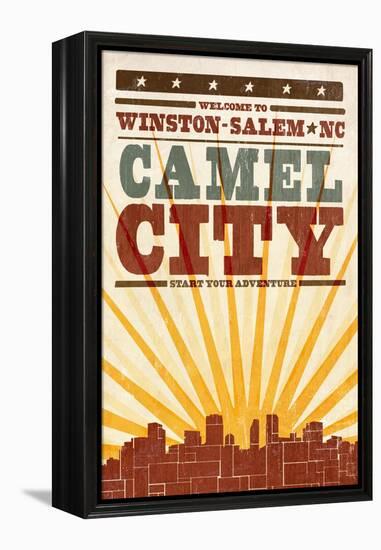 Winston-Salem, North Carolina - Skyline and Sunburst Screenprint Style-Lantern Press-Framed Stretched Canvas