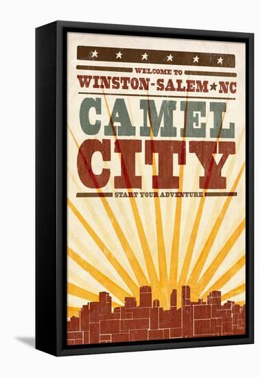 Winston-Salem, North Carolina - Skyline and Sunburst Screenprint Style-Lantern Press-Framed Stretched Canvas