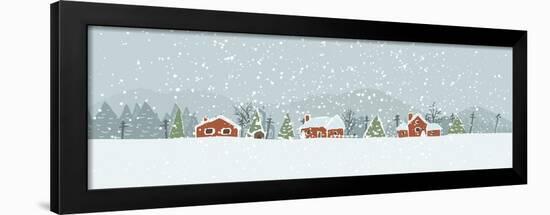 Winter Background with a Peaceful Village in a Snowy Landscape. Christmas Vector Hand Drawn Backgro-Artem Musaev-Framed Art Print