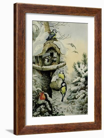 Winter Bird Table with Blue Tits, Great Tits, House Sparrows and a Robin-Carl Donner-Framed Giclee Print