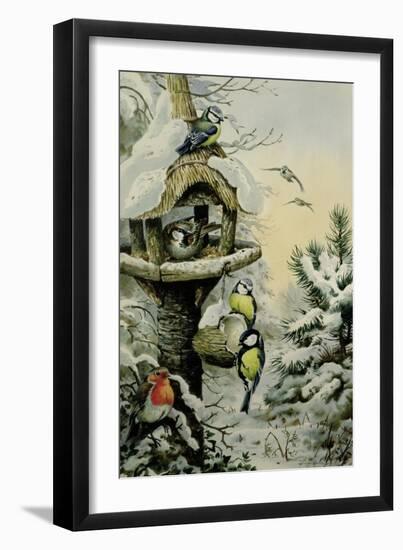 Winter Bird Table with Blue Tits, Great Tits, House Sparrows and a Robin-Carl Donner-Framed Giclee Print