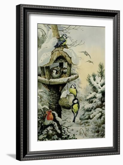 Winter Bird Table with Blue Tits, Great Tits, House Sparrows and a Robin-Carl Donner-Framed Giclee Print