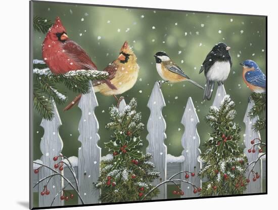 Winter Birds on a Snowy Fence-William Vanderdasson-Mounted Giclee Print