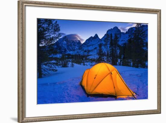 Winter camp at dusk under the Tetons, Grand Teton National Park, Wyoming, USA-Russ Bishop-Framed Premium Photographic Print