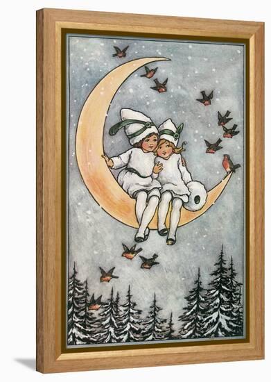 Winter, Children on Moon-null-Framed Stretched Canvas