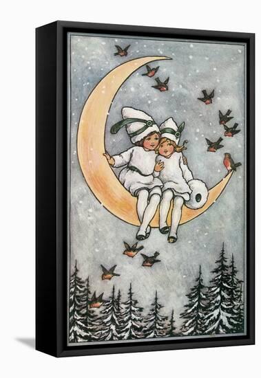 Winter, Children on Moon-null-Framed Stretched Canvas