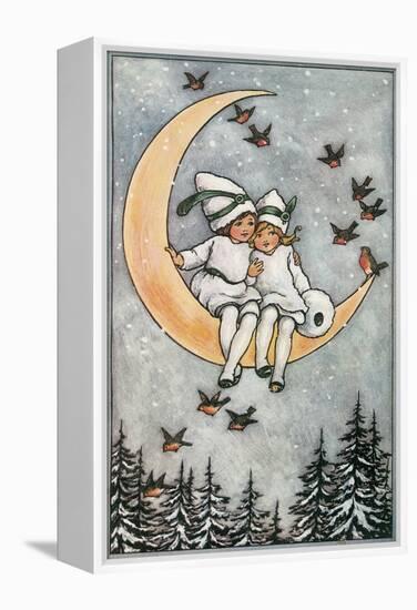 Winter, Children on Moon-null-Framed Stretched Canvas